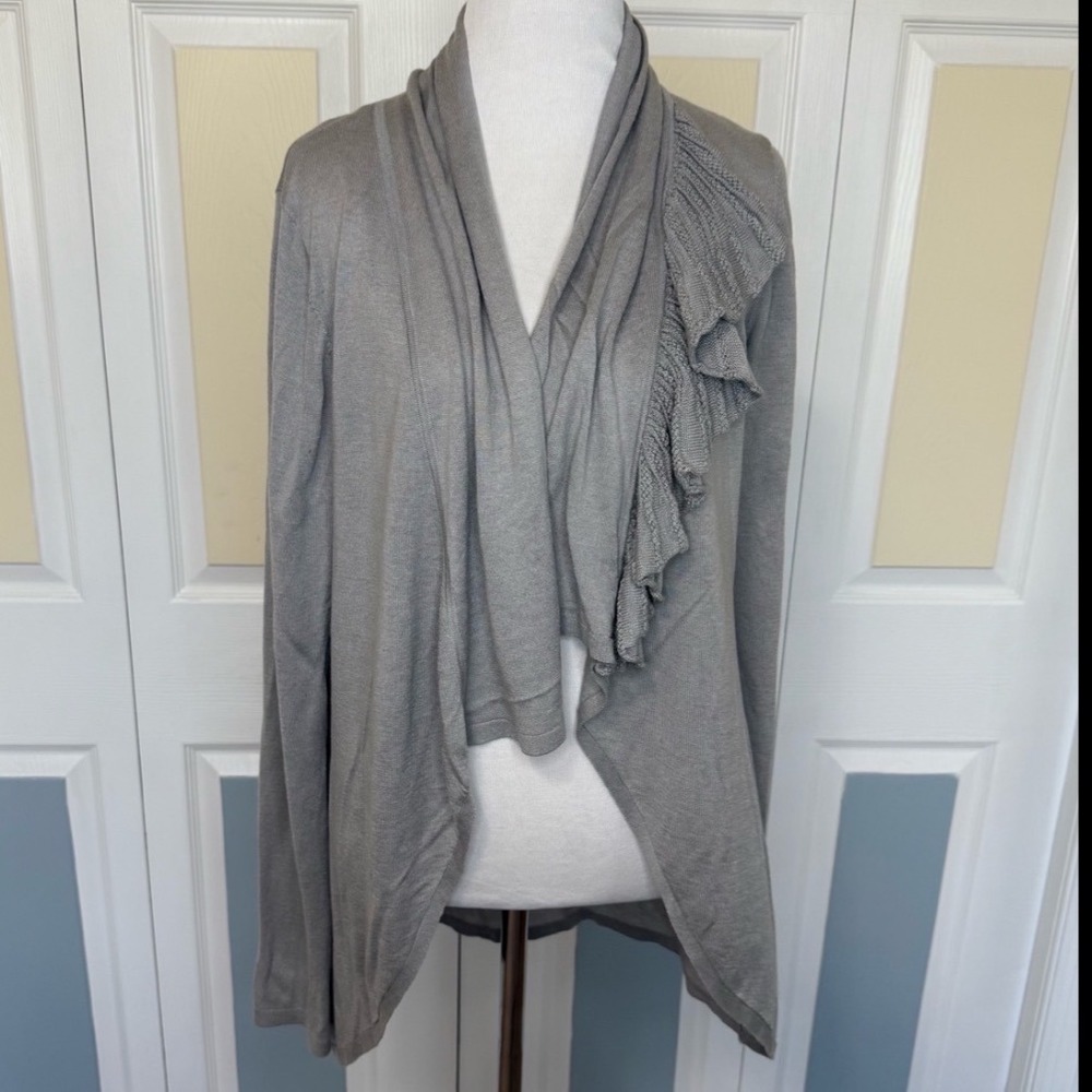 Elie Tahari Gray Silk Cashmere Blend Open Front Ruffle Cardigan Sweater
